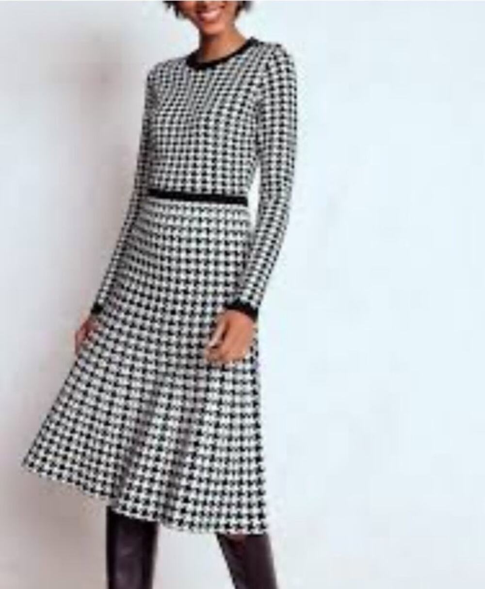 Boden Maria Houndstooth Knit Midi Dress Black White Fit Flare US 8